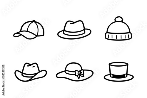 Minimalist hat icon set in clean outline vector style featuring various headwear designs
