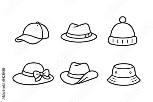 Minimalist hat icon set in clean outline vector style featuring various headwear designs