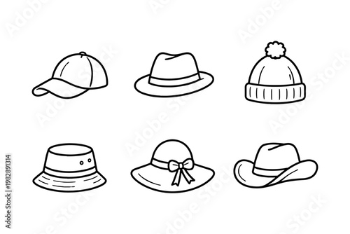 Minimalist hat icon set in clean outline vector style featuring various headwear designs