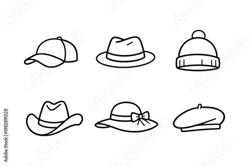 Minimalist hat icon set in clean outline vector style featuring various headwear designs
