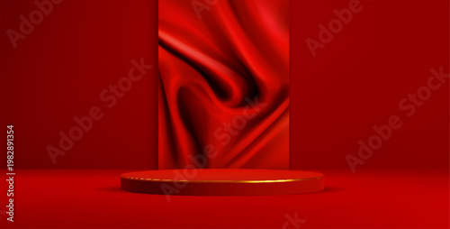 Elegant red podium with luxurious curtain draping, realistic vector background. Premium product display with silk fabric backdrop, 3d cosmetic reveal pedestal with cloth texture