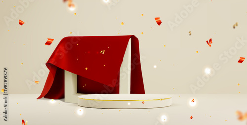 Elegant podium covered with red satin cloth. Vector realistic illustration of round product presentation stage, satin fabric drape for unveiling frame, surprise platform, confetti for award ceremony