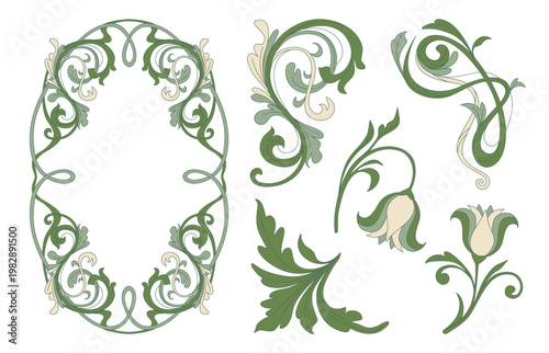 Elegant art nouveau floral frame, corners with ornate botanical ornament and decorative vintage border. Botanical vector design elements for sophisticated projects isolated on background