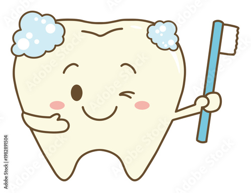 歯ブラシを持つ可愛い歯　キャラクターイラスト