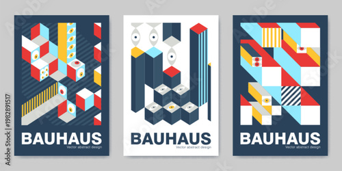 Bauhaus design posters with geometric shapes and modern swiss patterns. Abstract vector backgrounds, layout templates with red, yellow, blue accents in minimalist architectural style.
