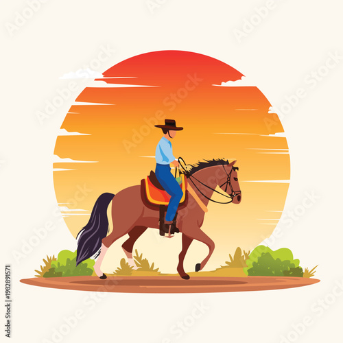 Man riding horse vector illustration against sunset sky background