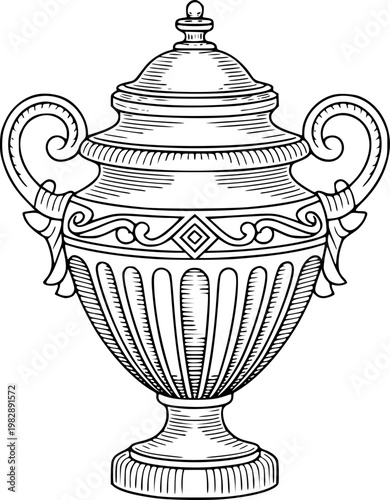 Ornate black and white engraving of a classical urn with handles and lid
