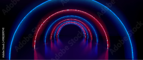 Red and blue neon tunnel with LED light arches on black background. Vector realistic illustration of abstract futuristic design for modern fashion or music shows, digital technology presentation stage