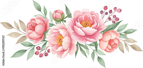A beautiful vintage floral illustration featuring a bunch of pink rose blossoms and green leaves, perfect for a wedding greeting card or nature-inspired decorative pattern design