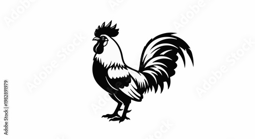 Stylized black and white silhouette of a proud rooster with a detailed comb and tail feathers