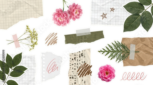 A collage of torn paper scraps greenery pink flowers and decorative elements creating a scrapbook aesthetic with a handmade feel stationery vintage crafting journaling creative
