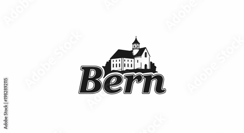 Stylized graphic of a building with a spire above script text on a white background