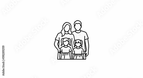 Stylized line art depicts a family of four with two adults and two children