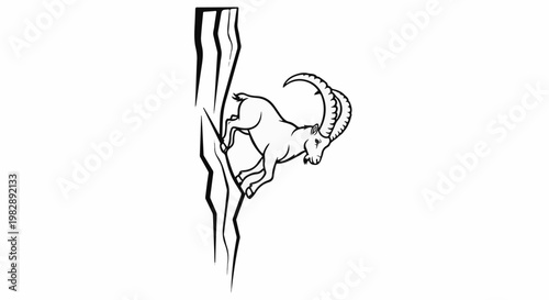 Stylized line art depicts a majestic ibex scaling a rocky cliff face