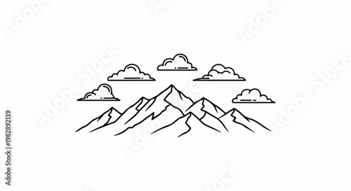 Stylized mountain peaks with fluffy clouds against a white background
