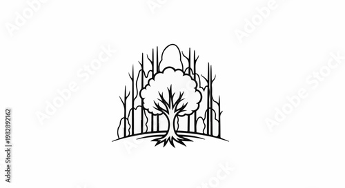 Stylized outline of a single large tree and surrounding saplings