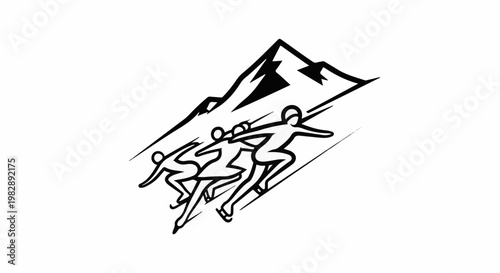 Stylized skaters glide past a mountain peak under streaks