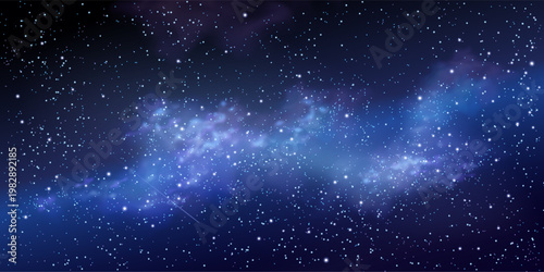Starry night sky background with glowing stars, cosmic dust, and blue nebula clouds, abstract vector illustration. Magical space atmosphere, realistic sparkle effect and falling or flying meteor