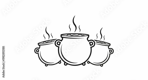 Three black and white cartoon cauldrons bubbling with steam