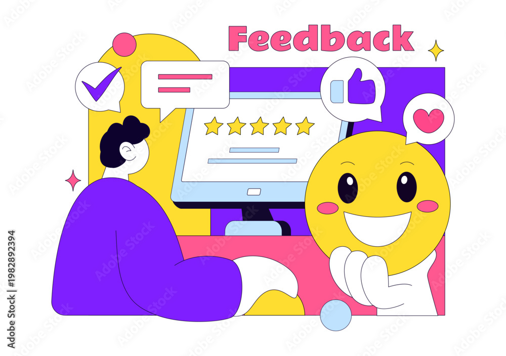 Fototapeta premium Customer Feedback Vector Illustration With Rating Stars Review System, User Opinion Survey, Mobile App Evaluation And Online Service Experience