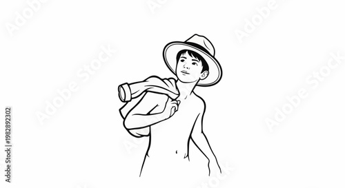 Young boy in a hat with a shirt draped over his shoulder