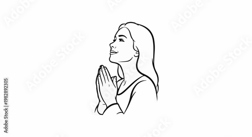 Young woman with hands clasped in prayer, looking upwards with hopeful expression