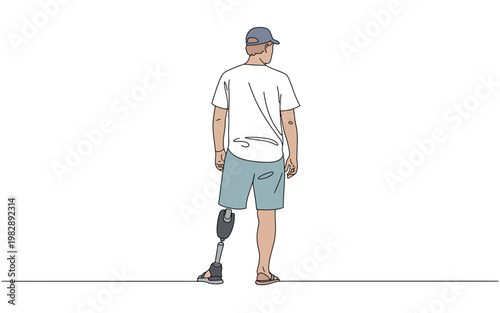 A man with a prosthetic leg stands confidently in a simple white background