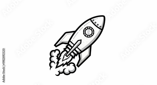 A black and white cartoon illustration of a rocket ship taking off with exhaust