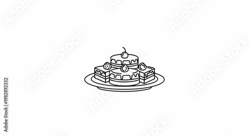 A black and white line drawing of a plate of assorted desserts with cherries