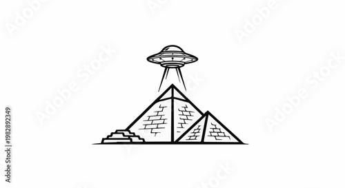 A black and white drawing of an alien spacecraft over Egyptian pyramids