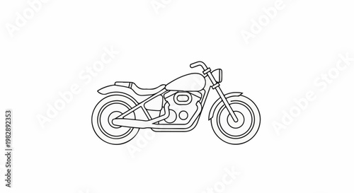 A black and white outline drawing of a vintage motorcycle