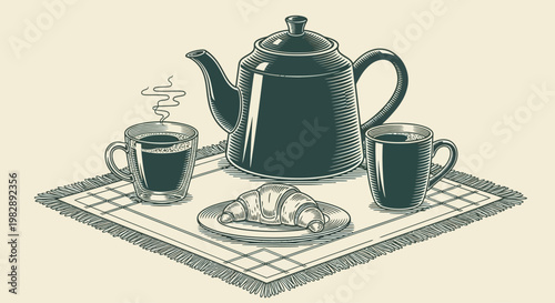 Breakfast scene with coffee, croissant and teapot on a checkered cloth