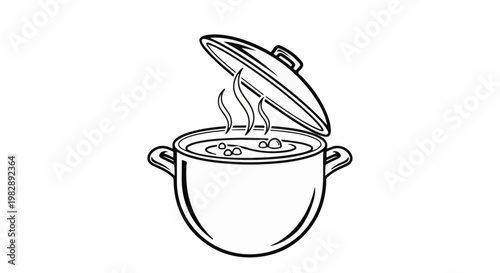 A black and white line drawing of a steaming pot with a lid ajar revealing bubbling contents