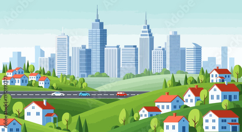 Vibrant city skyline overlooking rolling green hills dotted with charming residential houses