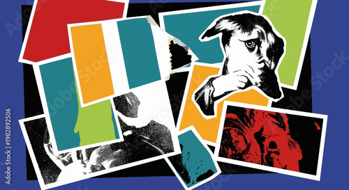 Collage of photographs and artistic elements, showcasing a dog's portrait and vibrant color blocks