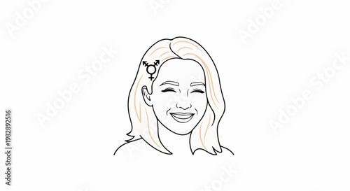A joyful smiling person with blonde hair and transgender symbol accessory