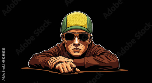Man in Sunglasses and Cap Leaning Forward with Hands Folded