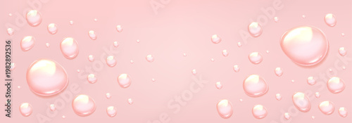 Transparent gel drops on pink background. Vector realistic illustration of shiny water droplets on surface, collagen serum spheres, liquid jelly texture, cosmetic skincare product banner design