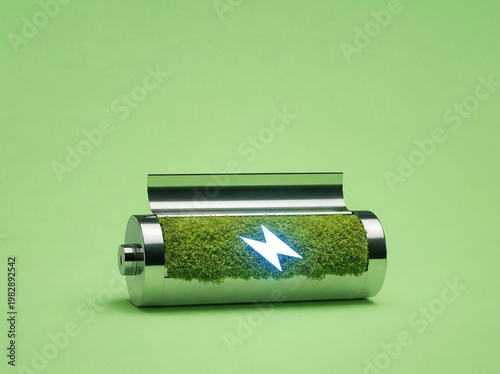 Eco battery with green moss, renewable energy concept on clean solid background with copy space