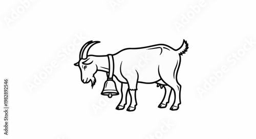 A line drawing of a goat with a bell around its neck stands on a white background