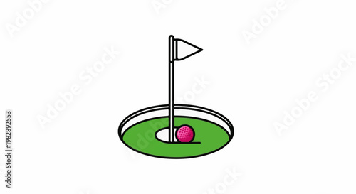 A minimalist drawing of a golf hole with a pink ball and flag
