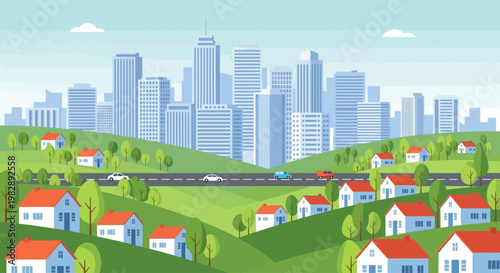 Vibrant cityscape illustration showcasing suburban homes nestled in rolling green hills beneath a towering skyline