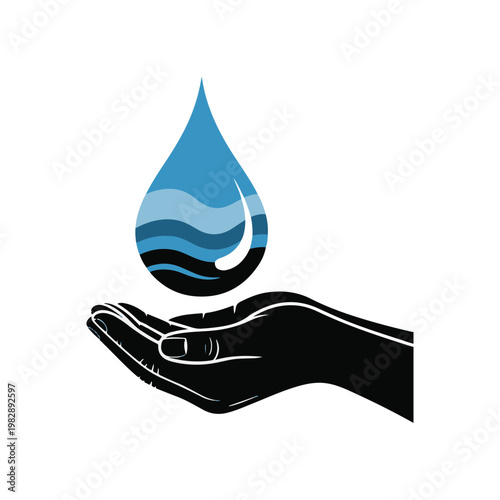 Black silhouette of an open hand cupping a stylized blue water droplet with wavy layers on a white background