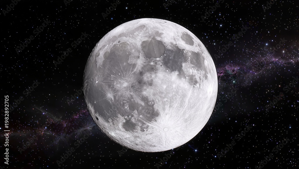 Obraz premium Close up of supermoon full moon in starry night sky with constellations and nebula background, representing astronomy, space exploration, night sky observation