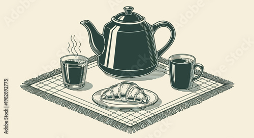 A Serene Morning Ritual Depicted Hand-Drawn Engraving of a Steaming Teapot, Coffee Cups, and a Flaky Croissant for a Relaxing Breakfast Experience