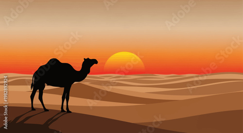Evening Glow Over Desert Dunes with a Solitary Camel Silhouette at Sunset