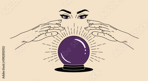 Mystical hands and all-seeing eyes focused on a glowing crystal ball, symbolizing ancient divination and the pursuit of future wisdom