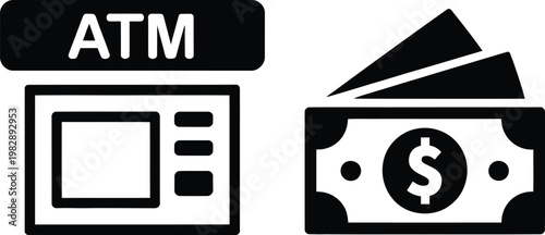 Black and white illustration of atm and money withdrawal concept