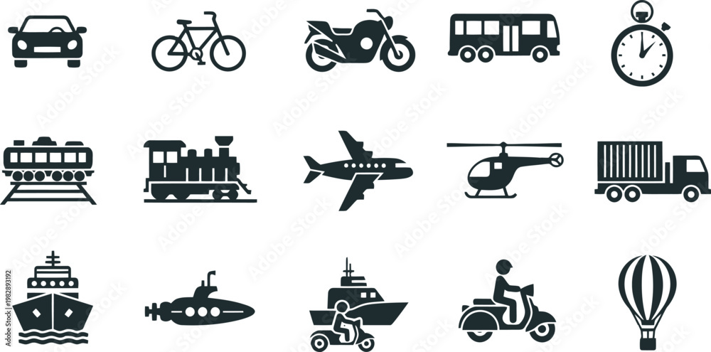 Obraz premium A collection of simple, monochromatic icons representing various modes of transport, including land, air, and sea vehicles. Stopwatch, too. Ideal for design elements or UI/UX applications