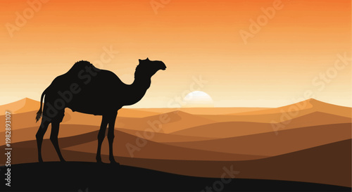 Silhouette of a camel standing in the desert at sunset